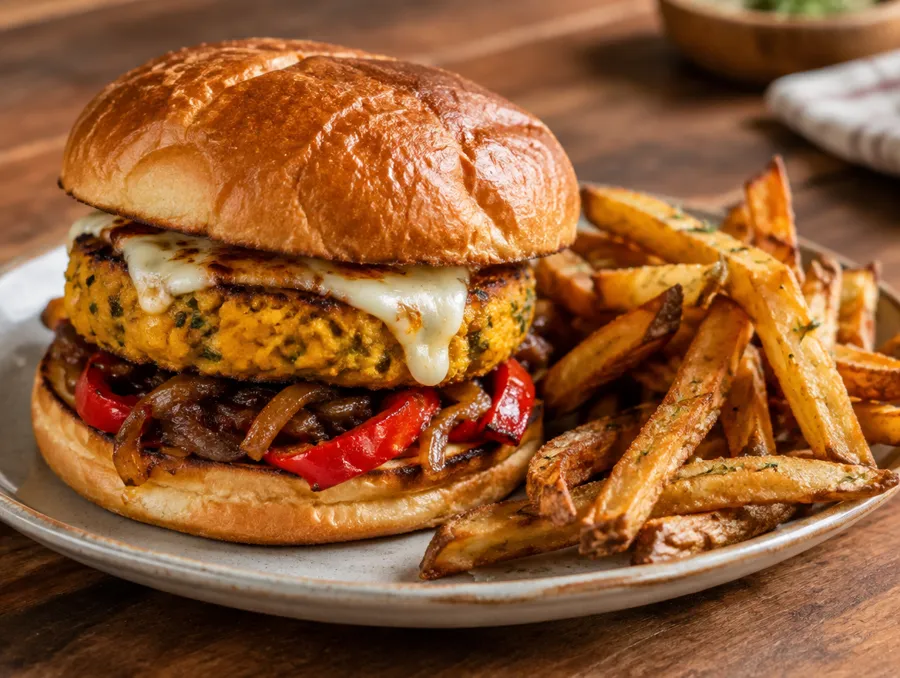 Hamburguesa de calabaza y muzzarella de Historietas Resto Bar, Junín
